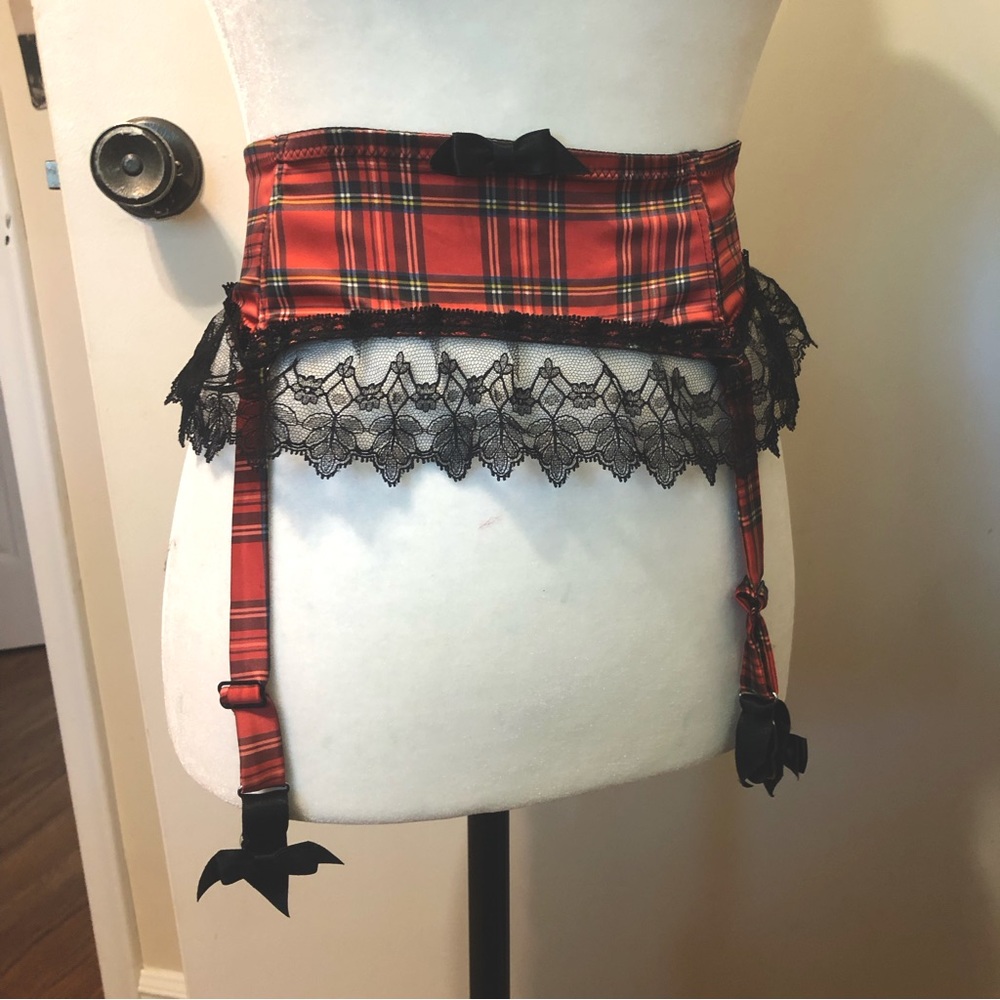 Red plaid and lace garter belt made in France